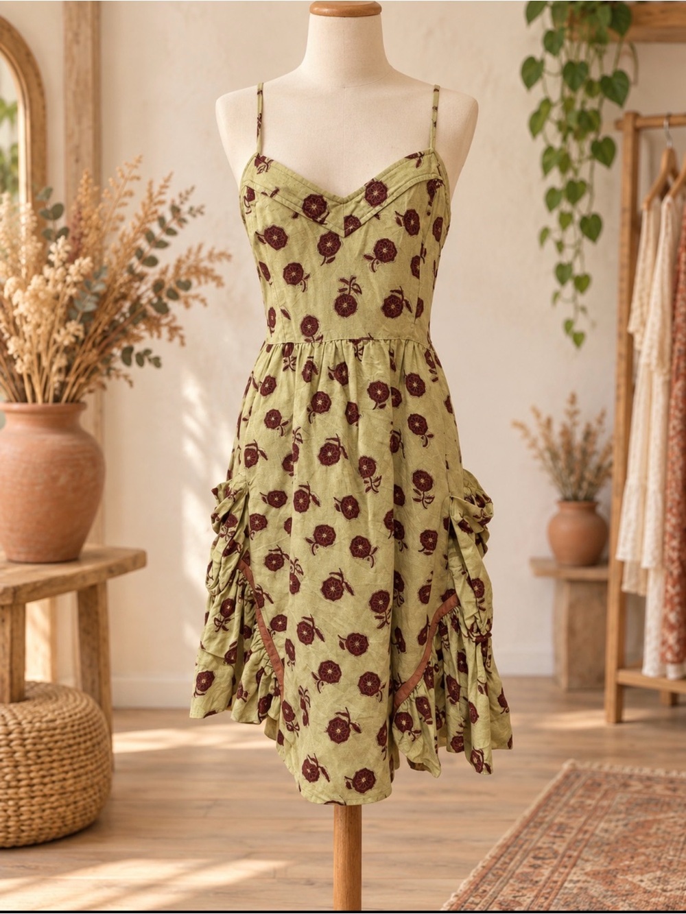 Free People Green Brown Sleeveless Sundress size 4